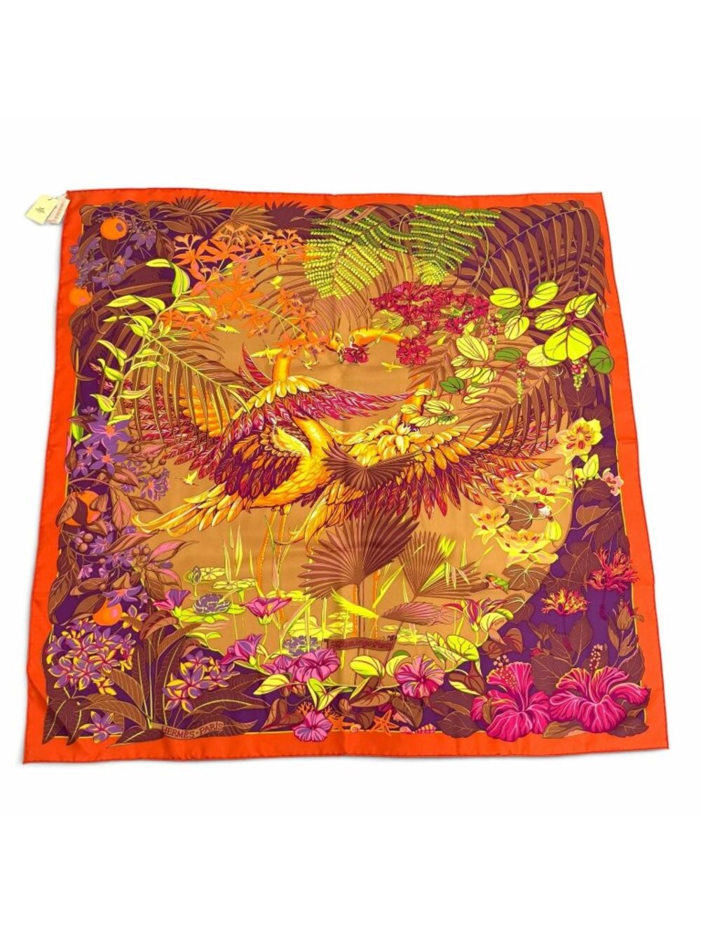Hermes Carre 90 Flamingo Party Silk 100% Orange Brun Violet Scarf